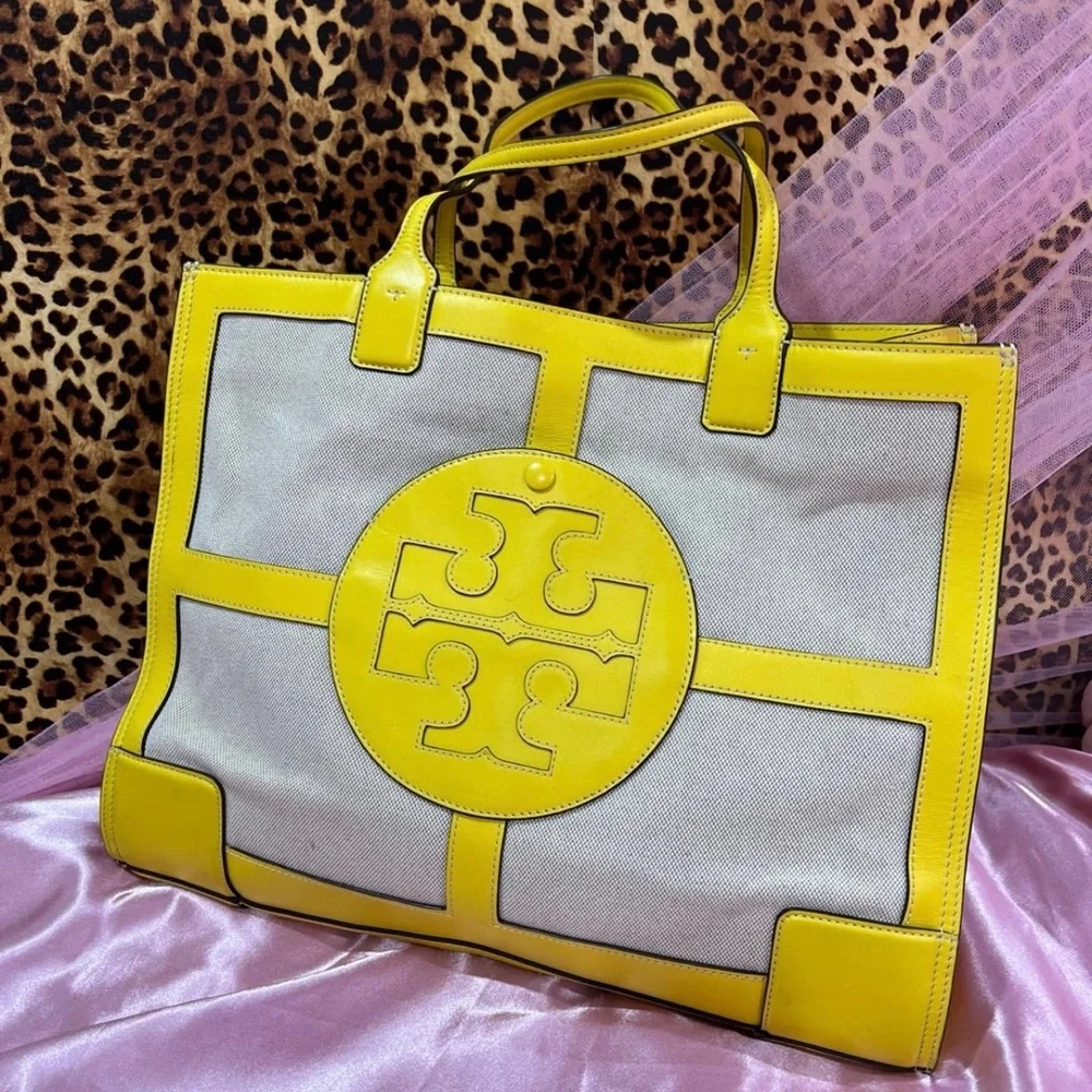 Tory Burch Leather Trim Canvas Tote Bag yellow